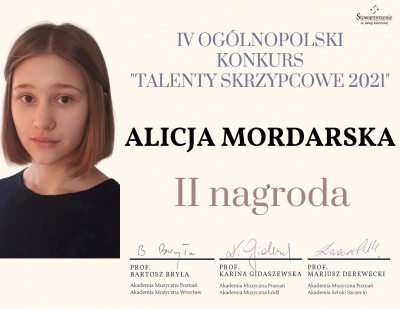 Dyplom - II nagroda- Alicja Mordarska - IV Ogólnopolski Konkurs Talenty skrzypcowe .jpg