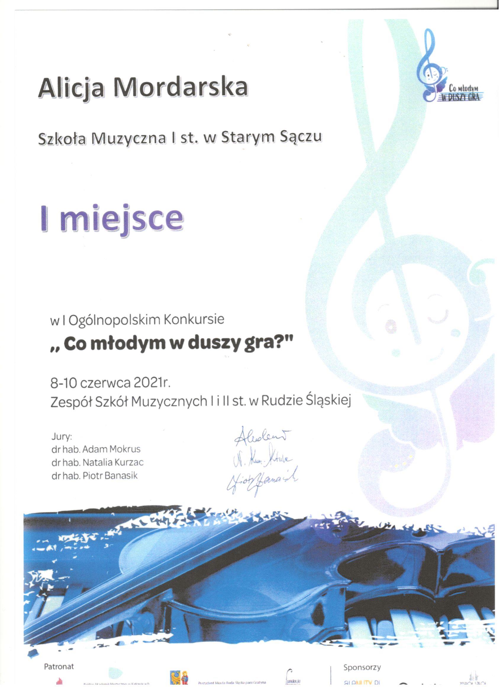I nagroda Alicji Mordarskiej w ogólnopolskim konkursie skrzypcowym