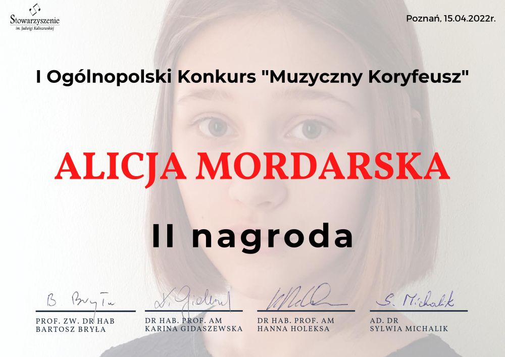 Sukces Alicji Mordarskiej z kl. VI/6-skrzypce, uczennicy    p. Patrycji Budziackiej.
