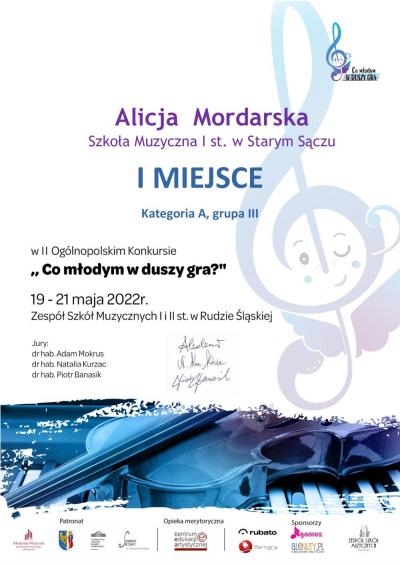 Dyplom dla Alicji Mordarskiej za zajęcie I miejsce.jpg