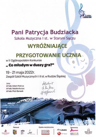 Dyplom dla p. Patrycji Budziackiej za wyróżniające przygotowanie ucznia.jpg