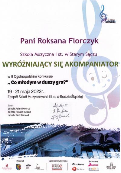Dyplom dla p. Roksany Florczyk za wyróżniający się akompaniament.jpg