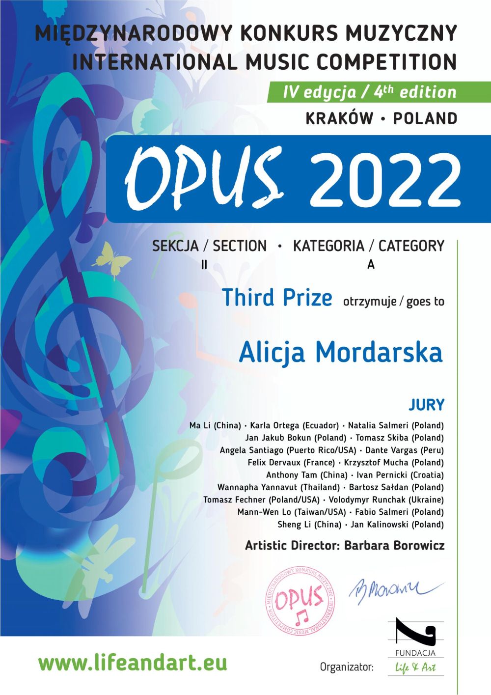 Alicja Mordarska Laureatką międzynarodowego konkursu International Music Competition Opus 2022.
