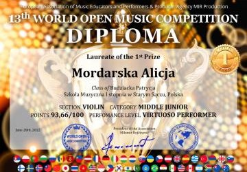 I miejsce dla Alicji Mordarskiej na Międzynarodowym Konkursie w Serbii.