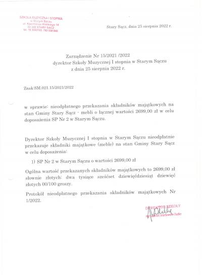 Zarządzenie nr 15  Dyrektor SM I st. w sprawie nieodpłatnego pr.jpg