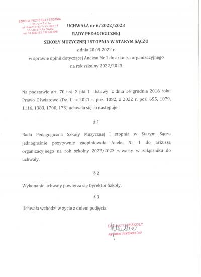 Uchwała Rady Pedagogicznej Nr 6 2022 na 2023 w sprawie aneksu do arkusza.jpg