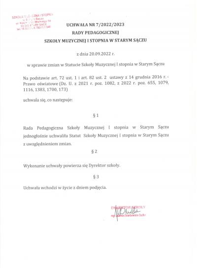 Uchwała nr 7/2022/2023 Rady Pedagogicznej SM I st. w Starym Sączu w sprawie zmian w Statucie Szkoły.
