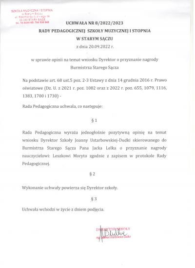 Uchwała Rady Pedagogicznej Nr 8 2022 na 2023 w sprawie nagrody .jpg