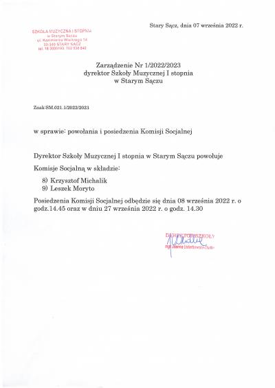 Zarządzenie dyrektor Nr 1.2022.2023 z dnia 07.09.2022 r. w spr. powołania i posiedzenia Komisji Socjalnej.jpg