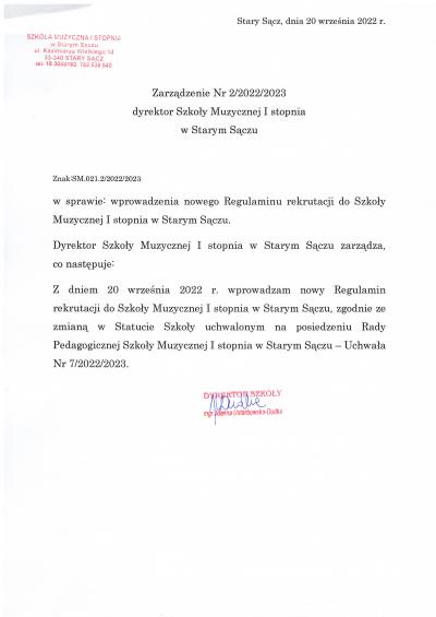 Zarządzenie nr 2/2022/2023  z dnia 20.09.2022 r. w sprawie wprowadzenia Regulaminu rekrutacji do SM I st. w Starym Sączu..jpg
