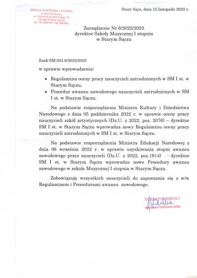 Zarządzenie nr 6/2022/2023 w sprawie wprowadzenia regulaminu oceny pracy nauczycieli itd. i Procedur awansu zawodowego.jpg