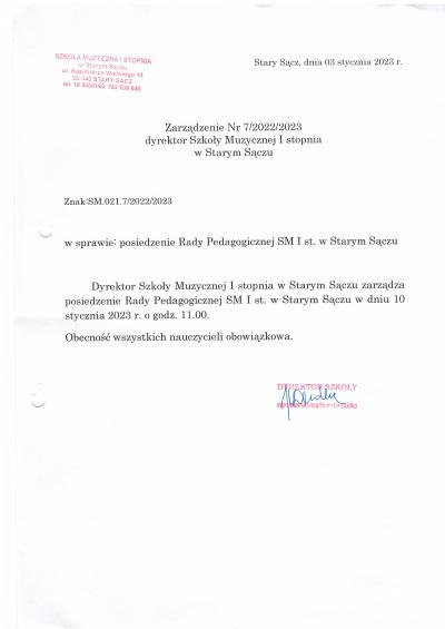 Zarządzenie nr 7 2022 2023 w sprawie posiedzenia Rady Pedagogicznej.jpg