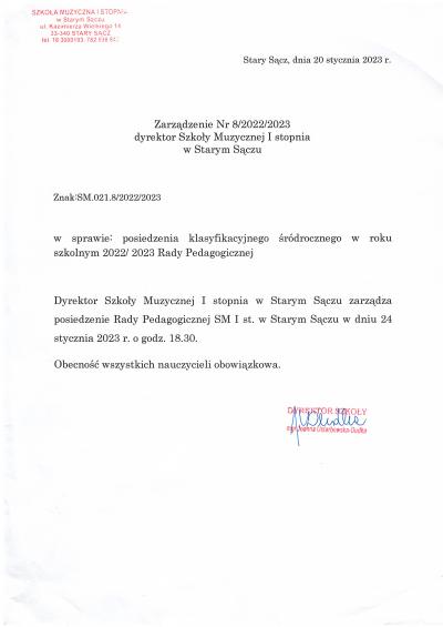 Zarządzenie nr 8 w sprawie posiedzenia klasyfikacyjnego śródrocznego w roku szkolnym 2022 na 2023 Rady Pedagogicznej.jpg